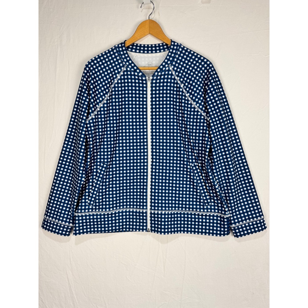 T by Talbots Sunshirt Swim Jacket Blue White Gingham UPF 50+ Large Petite LP - Picture 2 of 7